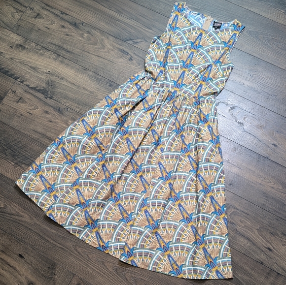 Retro Licious Cotton Geometric Pattern Fitflare A Line Midi Vintage Dress Medium - Picture 3 of 11